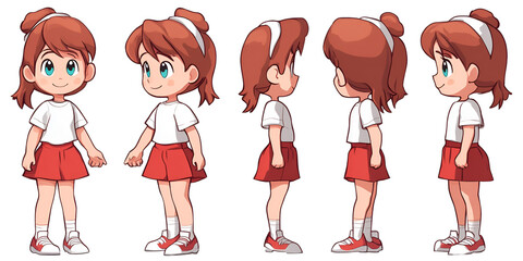 Cute Cartoon Girl Character in Multiple Views for Animation