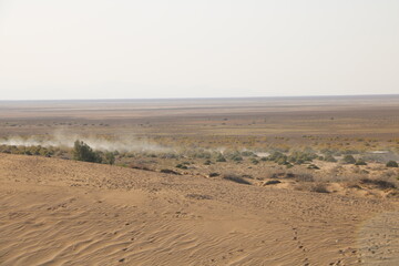 Distant desert horizon with sandy terrain and clear skies, capturing the essence of arid landscapes.