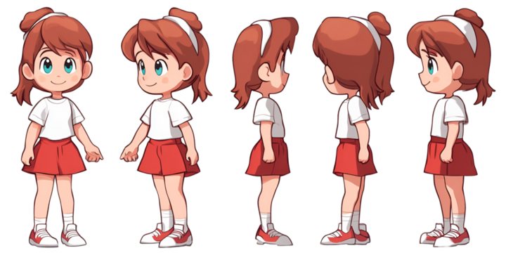 Cute Cartoon Girl Character in Multiple Views for Animation