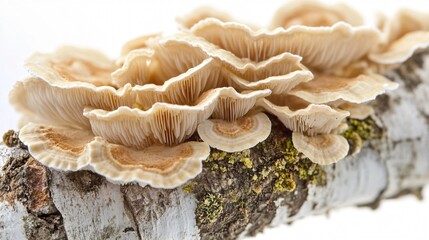 A Delicate Dance of Fungi: Mushrooms on Birch Bark - Nature's Exquisite Artwork