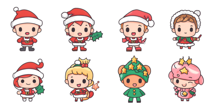 Adorable cartoon Christmas characters dressed in Santa hats and festive clothing, holding holiday decorations. Perfect for holiday-themed designs, Christmas cards, or festive invitations