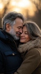 Obraz premium A joyful couple embraces lovingly, sharing a tender moment in soft, warm light