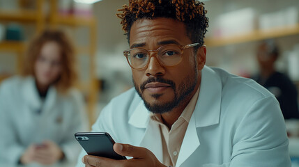 A healthcare professional attentively looks at his smartphone, working in a well-equipped laboratory with colleagues around him