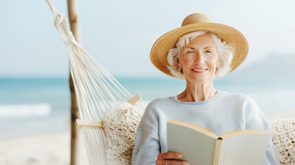 smiling Caucasian elderly senior woman wearing wove hat and reading a book on white hammock for relaxing on vacation in the sea trip on summer. free and peaceful life in retirement