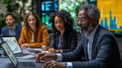 A group of business professionals collaborates in a modern conference room, analyzing data on laptops and engaging in discussion to drive decision-making