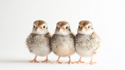Fototapeta premium Three Adorable Newborn Chicks on a Pristine White Background: A Captivating Close-Up