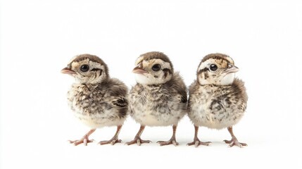 Naklejka premium Three Adorable Baby Birds Standing Together on a White Background