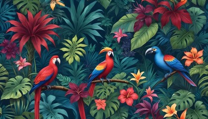 Tropical exotic pattern with animal and flowers in bright colors and lush vegetationn