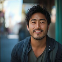 Fototapeta premium A smiling young Asian man conveys happiness and warmth in a lively street environment