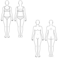 Set of front and back view female body vector illustration.