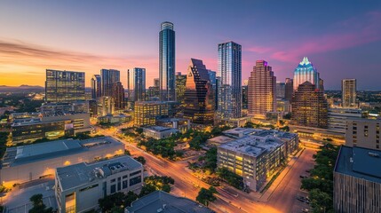 Fototapeta premium Aerial View of Austin, Texas Skyline at Dusk