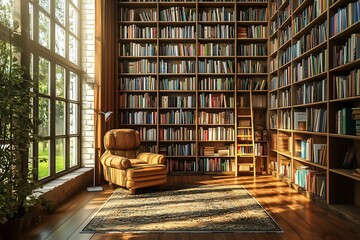 Fototapeta premium Old books in the library and armchair