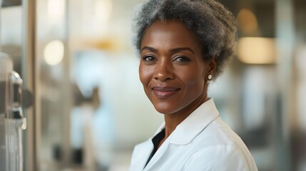 A joyful scientist focuses on her research, surrounded by lab equipment and soft lighting