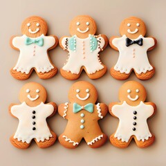 Gingerbread man cookies, decorated with icing and bow ties