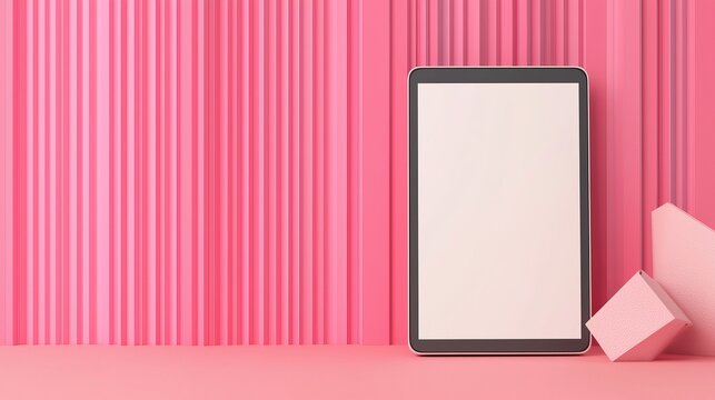 Envelope email concept. Blank tablet on pink backdrop with geometric shapes nearby.