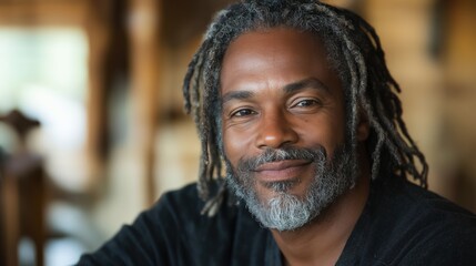 A happy Black man relaxes in a warm environment, showcasing genuine expression and connection