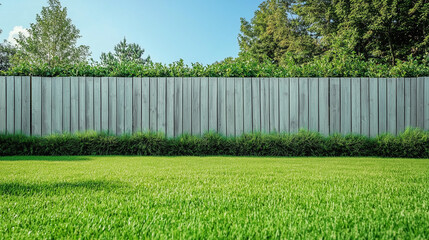 Obraz premium Green lawn in backyard and wooden fence