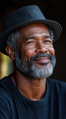 Fototapeta premium A happy Black male enjoys a moment of joy in warm natural light, showcasing his genuine expression