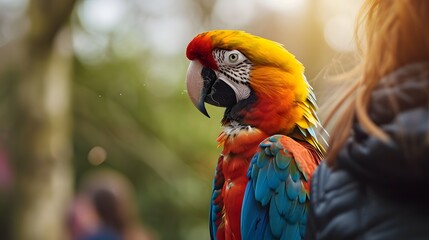 Fototapeta premium Close-up of a colorful macaw parrot with blurred green background
