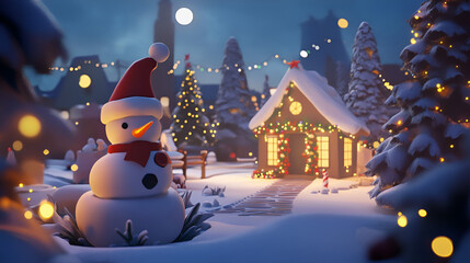 Obraz premium A magical winter night scene with a cozy cottage, a decorated Christmas tree, and a friendly snowman. The warm glow of the lights and the falling snow create a peaceful and festive atmosphere.