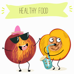 Nectarine fruit cute funny cheerful characters with different poses and activities. Natural vitamin antioxidant detox food collection. Vector hand drawn illistration.