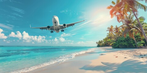 Naklejka premium Tropical Paradise Landing: Airplane Descending Over a Pristine Beach