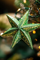 Green star-shaped decoration for New Year tree, adding festive charm and sparkle, holiday decor, Christmas spirit