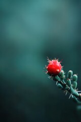 Obraz premium Close-up of an isolated red Christmas Cholla Cactus fruit nestled on a green cacti branch with small thorns, highlighting winter beauty in desert flora