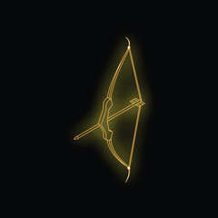 Golden neon sign of a bow and arrow is glowing on a black background