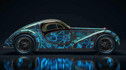Naklejka premium A futuristic interpretation of a classic car showcasing vibrant blue neon patterns in a dark setting