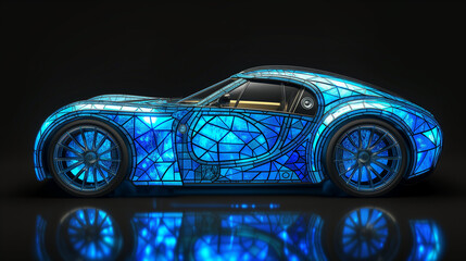 Fototapeta premium A stunning blue car design showcasing intricate stained glass patterns illuminated against a dark background in an artistic setting