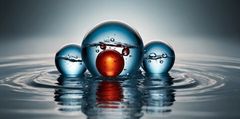 Color detail of water dops with small red bubble in one of these drops. Bright vivid water bubbles detail. 