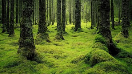Obraz premium Lush green moss carpets the forest floor, enveloping the bases of tall, slender trees. A serene and tranquil scene in nature.