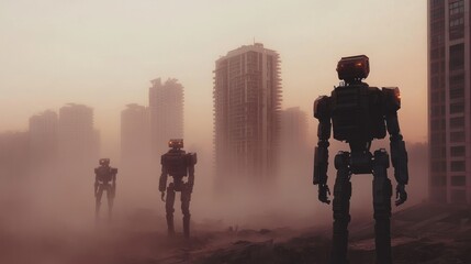 Fototapeta premium Robots in a Foggy Cityscape