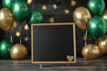 a black board with green and golden balloons in background