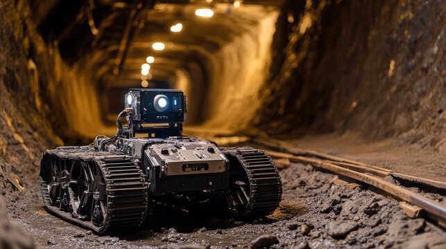 A tracked robot, possibly used for mining or inspection, sits in a dimly lit tunnel. The dark, earthy tones contrast with the robot's metallic gray body, creating a dramatic image.
