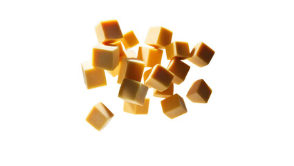 Flying cheese cubes, isolated on white background