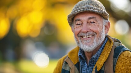 A cheerful older man enjoys a sunny day, radiating happiness and warmth in his expression