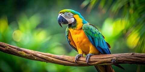 Obraz premium Stunning Product Photography of a Vibrant Yellow and Green Macaw Against a Natural Background, Highlighting Its Colorful Feathers and Unique Features with Eye-Catching Composition