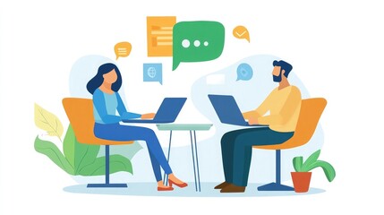 A young woman and man sit opposite each other at a small table, working on their laptops and collaborating using online chat bubbles.