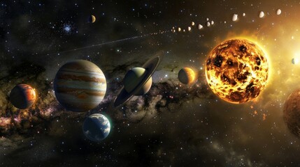 Artistic depiction of the Solar System with 8 planets shown in order from the Sun. Details include...