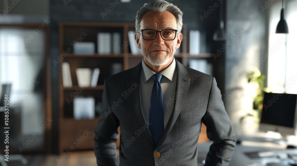 Poster A man in a suit and tie stands in front of a desk with a computer monitor