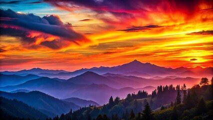 Obraz premium Stunning Sunset Painting Over Majestic Mountain Range with Vibrant Colors and Serene Atmosphere Captured in the Rule of Thirds for Art Lovers and Nature Enthusiasts