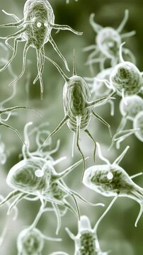 A close-up digital rendering depicts numerous giardia lamblia parasites