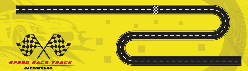 Creative vector illusion of race track isolated on yellow background. Speed race track background design with sport car.