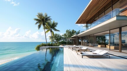Fototapeta premium A tropical modern beachfront house with a pool blending luxury and nature, surrounded by palm trees, offers a tranquil holiday escape by the ocean.