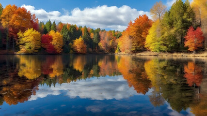 Fototapeta premium beautiful vibrant autumnal scene of colored autumn forest, clear mountains lake with blue sky and white clouds and scenery reflection on lake surface