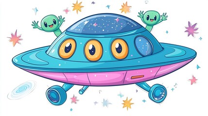 Obraz premium Whimsical Cartoon Spaceship with Smiling Alien Passengers Traversing Cosmic Backdrop