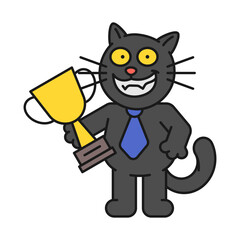 Black cat holds gold cup and smiles