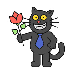 Black cat holds rose and smiles